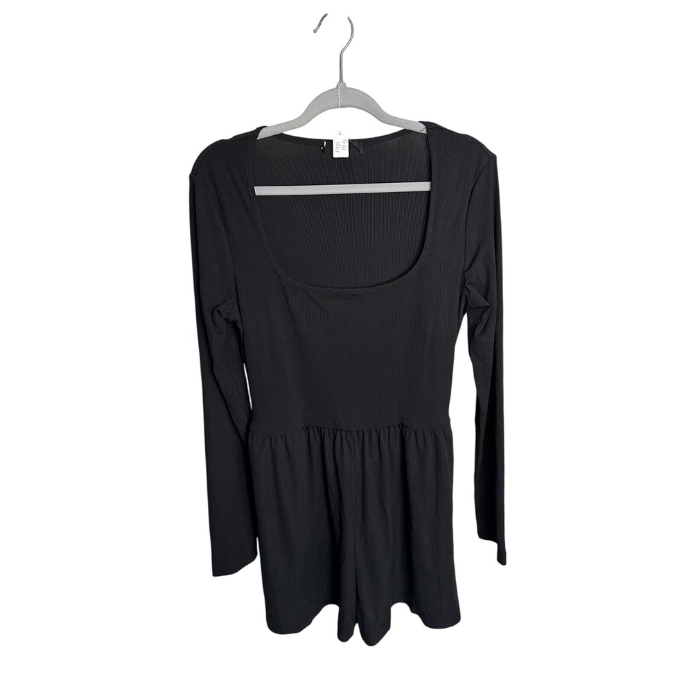 Ribbed Knit Romper Long Sleeve Square Neck‎ Casual Comfy Black